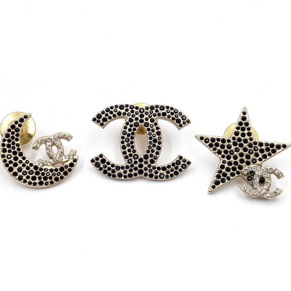 Chanel Rare Gold CC Moon Star Black Crystal 3 Pins - Picture 1 of 3